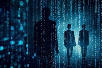 Digital transformation: Business figures in a dynamic blue matrix code composition, evoking a powerful movie poster.