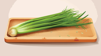 Wooden board with fresh green onion on light background