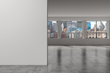 Panoramic picturesque city view of Boston at day time from modern empty room, Massachusetts. An...