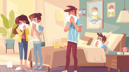 Ill family with tissues sneezing in bedroom Vector illustration