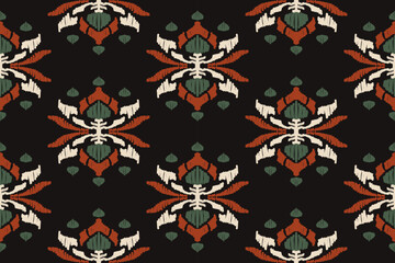 Embroidered Ikat flower pattern on a black background. Traditional ethnic ikat, Aztec abstract vector pattern, seamless pattern in tribal, folk embroidery and Mexican style.