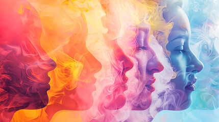 A diverse group of silhouetted figures stand with vibrant colored smoke billowing out of their faces, creating an ethereal and mysterious atmosphere