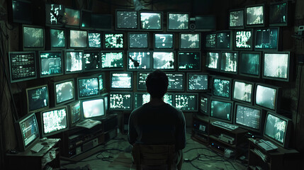 A man in a room with monitors, an observation point, Generative AI