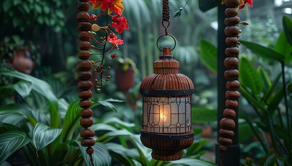 Lantern with wooden rosary and flowers