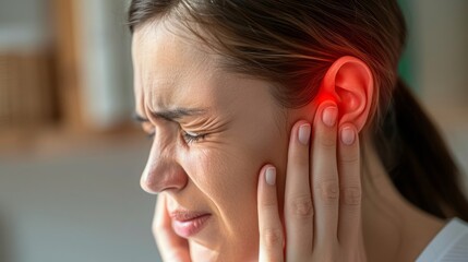 Depicting Ear Pain: Person Grimacing, Holding Ear with Signs of Otitis and Otalgia, for health-related blogs, for symptoms presentation - obrazy, fototapety, plakaty
