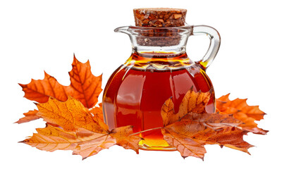 Autumn maple syrup in glass bottle with leaves, cut out - stock png.
