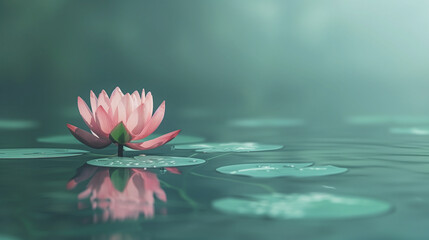 A water scene, pink lotus flower in full bloom on a pond, floating lotus leaves, with a reflection of the lotus flower in the water.