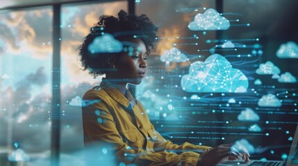 Black Woman, programmer, IT specialist, engaged in data analysis, cybersecurity, Coding, information, communication technologies, Cloud computing in a modern office. Hologram, Artificial Intelligence