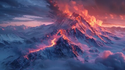 Fototapeta premium Dramatic mountain peak lit by a glowing red path, offering a cinematic and surreal landscape with AI Generative.