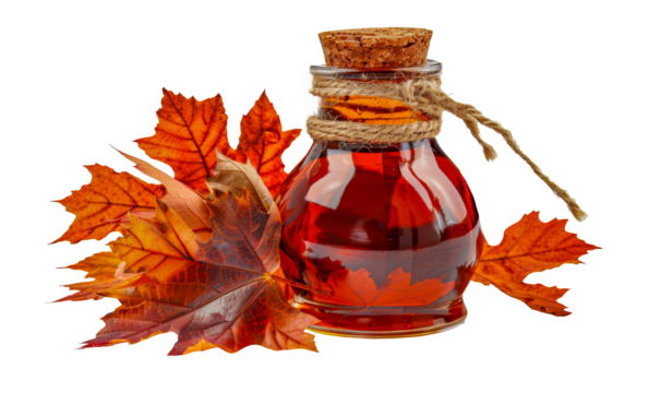 Autumn maple syrup in glass bottle with leaves, cut out - stock png.