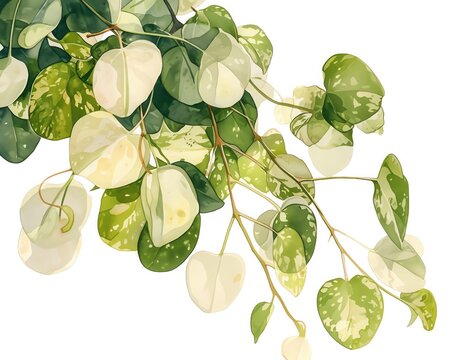 Wax plant Hoya carnosa Variegata with waxy green and white leaves, glossy watercolor, elegant balcony, watercolor, isolate.
