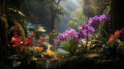 A cluster of exotic orchids with a softfocus jungle backdrop, showcasing biodiversity
