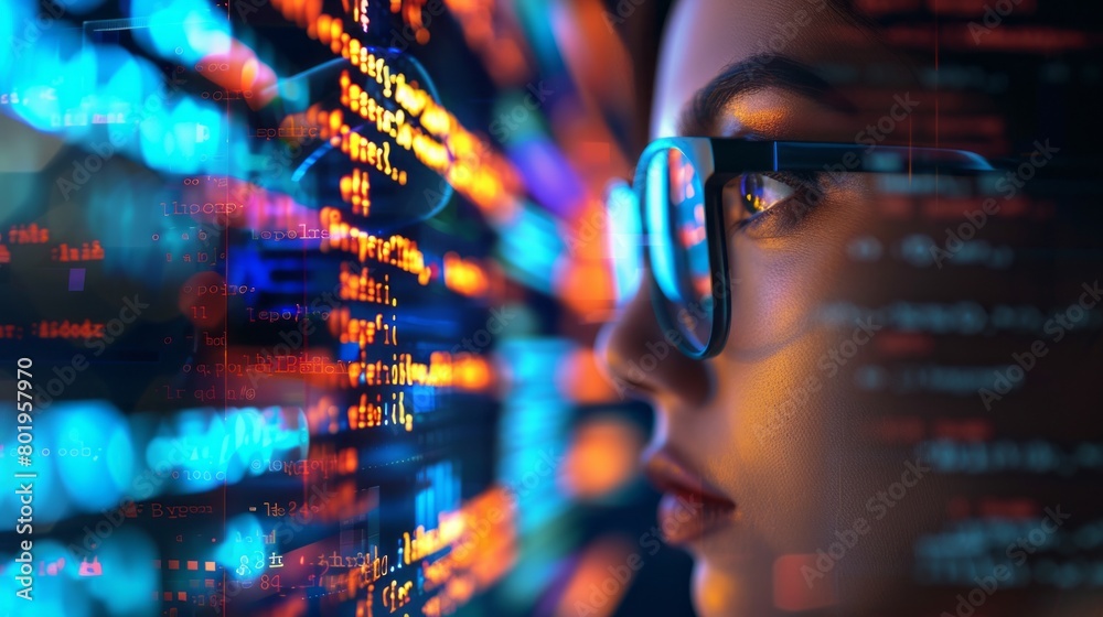 Poster close-up of a woman, programmer, it specialist engaged in data analysis, cybersecurity, coding, info
