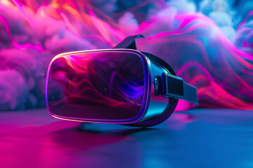 A virtual reality headset is on a table with a purple and blue background