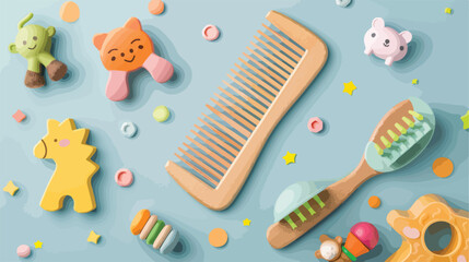 Wooden hair comb and baby toys on color background vector