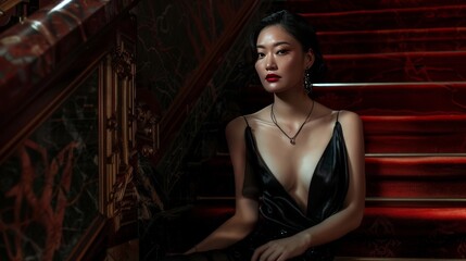 Fototapeta na wymiar Elegant Woman Posing on Red Staircase