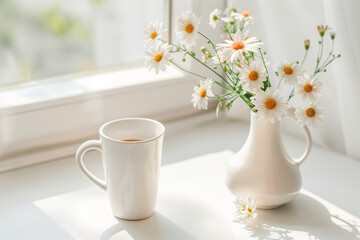 Eco friendly decor. Minimalist white setting with sustainable mug, vase, and fresh blooms