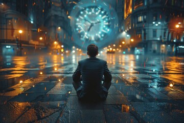 A businessman is sitting on the ground in front of a clock