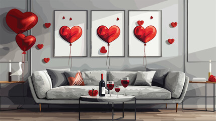 Interior of festive living room with grey sofa heart-