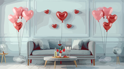 Interior of festive living room with grey sofa heart-