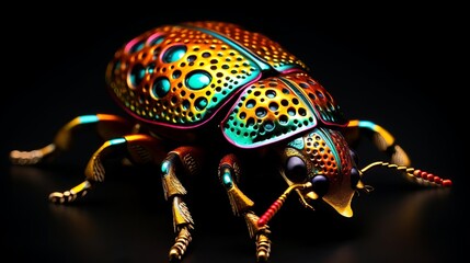 Brightly colored beetle on a black backdrop, showcasing its shiny carapace and intricate textures