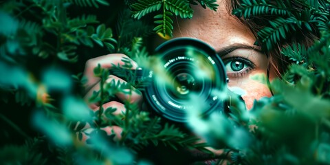 Creative Vision Through the Lens: A Female Photographer's Eye Peering Through Lush Green Foliage