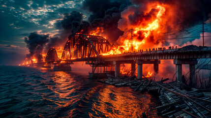 Bridge that is on fire with lots of smoke coming out of it. Generative AI - Powered by Adobe