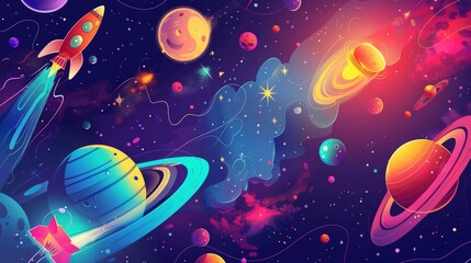 Naklejka premium Colorful space odyssey with a rocket traversing a vibrant cosmic landscape. AI Generative.