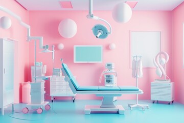 A pink and blue hospital room with a blue hospital bed
