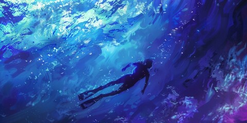 The background is completely mix Blue and Purple with no texture and the Swimming is in the right hand side
