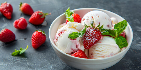 Sweet creamy ice cream with strawberries served as a delightful dessert with black stone table background