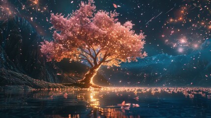 Fantasy scene of a glowing golden tree with pink leaves. AI Generative.