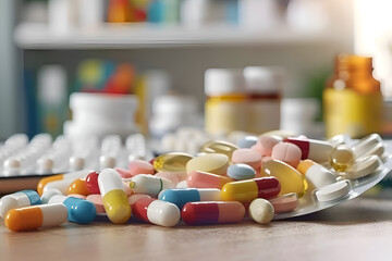 A bunch of colorful pills are scattered on a table. The pills are of different shapes and sizes, and they are all mixed together. The scene gives off a sense of chaos and disorder. Generative AI