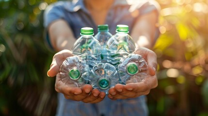 Hands holding crushed plastic bottles, advocating for recycling and environmental responsibility, AI Generative.