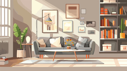 Interior of light living room with grey couch table a