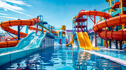 Water park with water slide and water slide in the middle of the pool. Generative AI