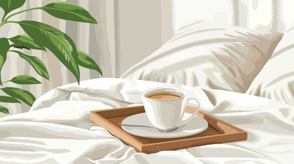 Fototapeta na wymiar Wooden tray with cup of coffee on bed Vector illustration