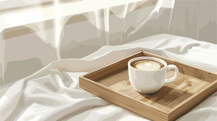 Wooden tray with cup of coffee on bed Vector illustration