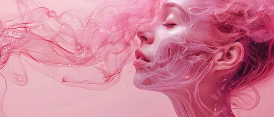Fototapeta premium A stylized X-ray image of an American woman's chin, rendered in a soft palette of light red color and pink The bone structure, beauty banner