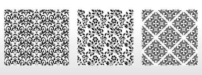 Geometric floral set of seamless patterns. White and black vector backgrounds. Damask graphic ornaments