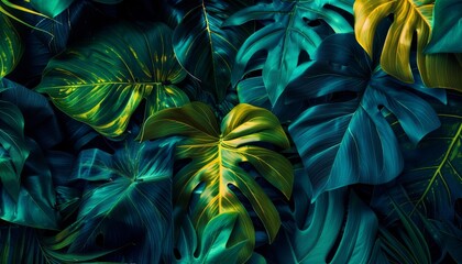Seamless Floral Aquarium Background with Green Leaves and Flowers with Seamless Pattern Design,Creative fluorescent color layout made of tropical leaves. Flat lay neon colors