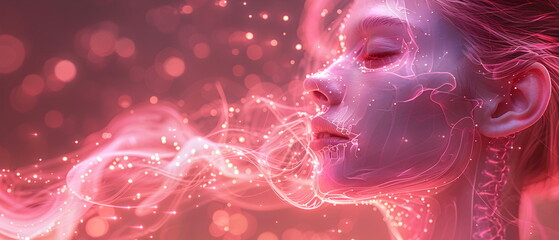 A stylized X-ray image of an American woman's chin, rendered in a soft palette of light red color and pink The bone structure, beauty banner