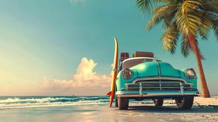Vintage car with luggage on the beach near palm tree with blue sky, beach, and sea view. summer vacation concept, banner with copy space for text.