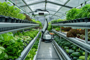 A vegetable greenhouse utilizing high-tech robotic automation technology.

 - obrazy, fototapety, plakaty