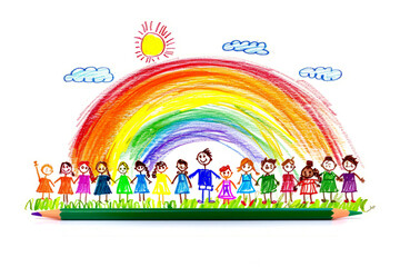 Child's drawing of rainbow with group of people holding hands.