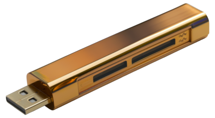 Golden USB stick, cut out - stock png.