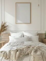 Frame mockup, simple and modern bedroom home interior design background, wall poster frame mockup, 3d render