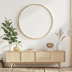 Frame mockup, simple and modern wooden cabinet chest of drawers, home interior design background, wall poster frame mockup, 3d render