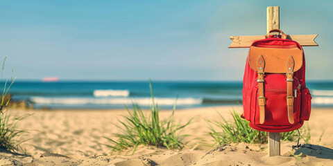 A red backpack is sitting on a wooden post on a beach
