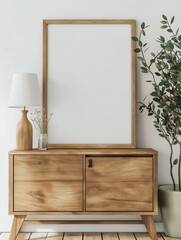Frame mockup, simple and modern wooden cabinet chest of drawers, home interior design background, wall poster frame mockup, 3d render